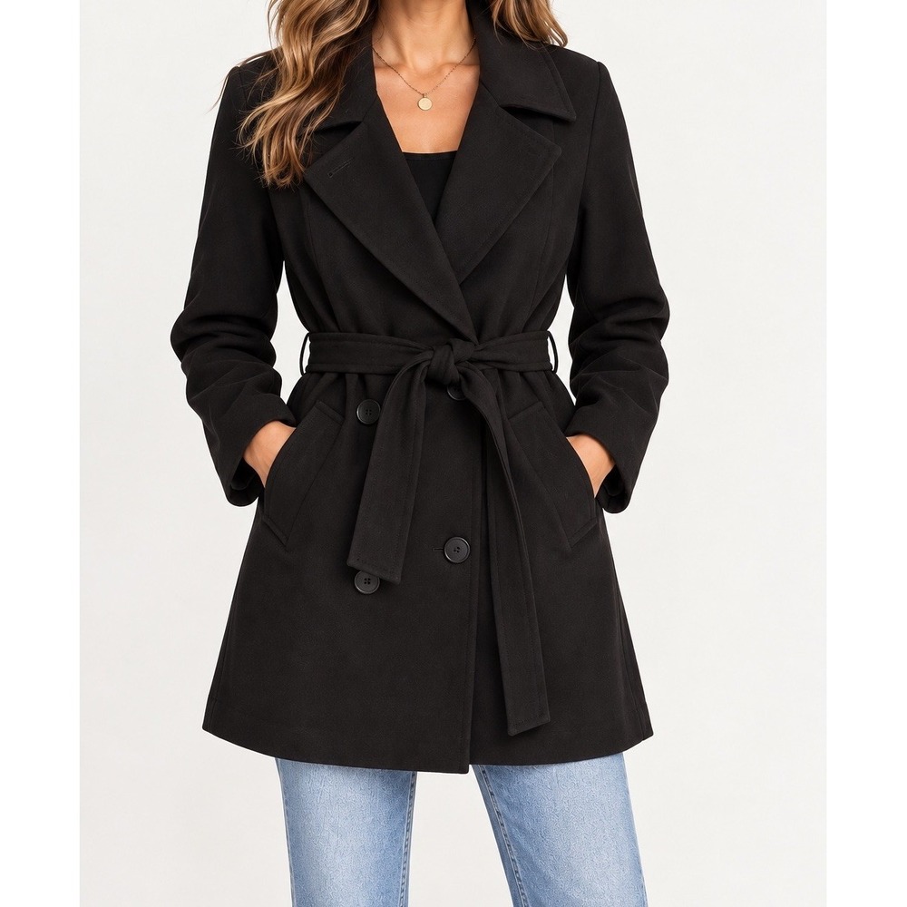 Kristen Blake Womens Vintage 90s Wool Belted Trench Jacket Sz S Black Union Made